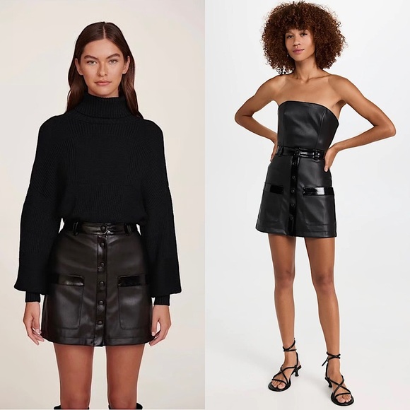 STAUD 70s Faux Leather High Waist Button Front Patent Trim Pocket Mini Skirt 6 - Picture 1 of 14